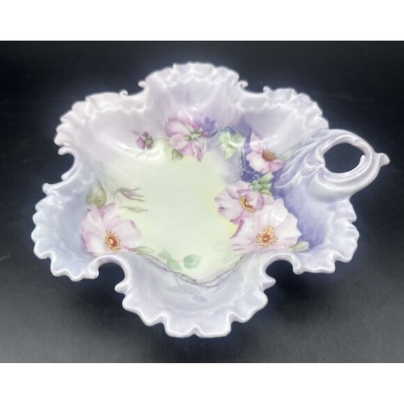 VTG Lavender Purple Hand Painted Floral Porcelain Candy Nut Relish Dish 8.5” - Picture 4 of 6